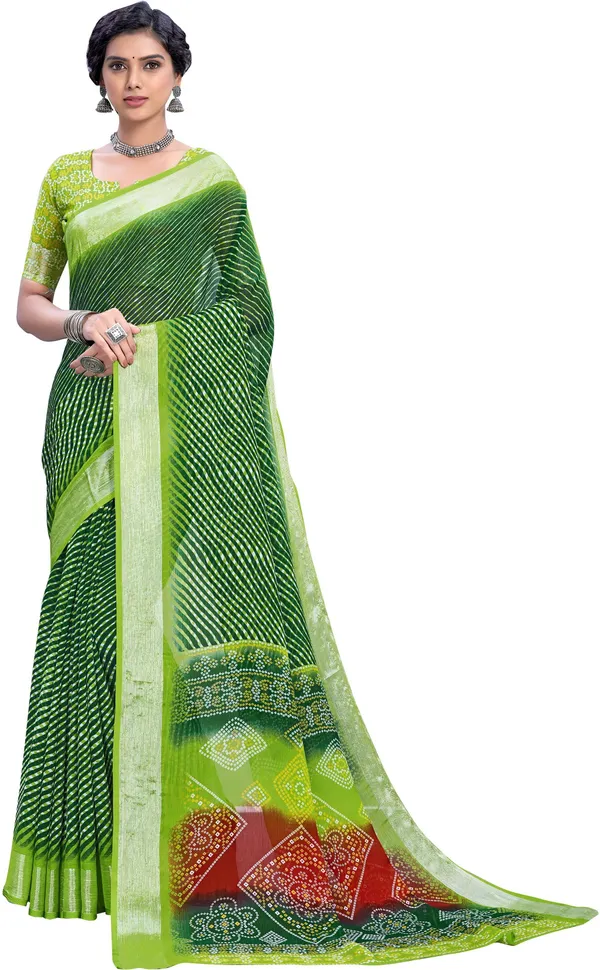 Green_Georgette_Printed_Leheriya_Saree_For_Women_|_With_Blouse_Piece