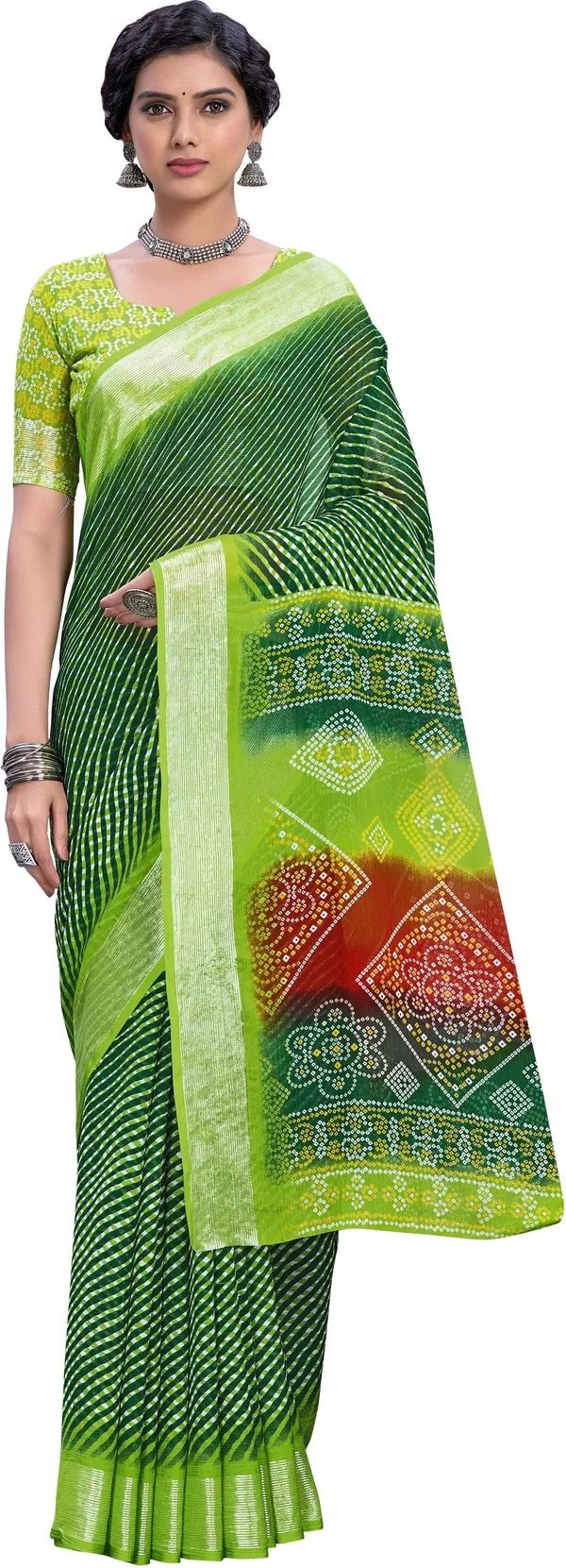 Green_Georgette_Printed_Leheriya_Saree_For_Women_|_With_Blouse_Piece