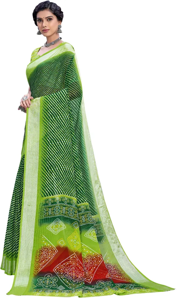 Green_Georgette_Printed_Leheriya_Saree_For_Women_|_With_Blouse_Piece