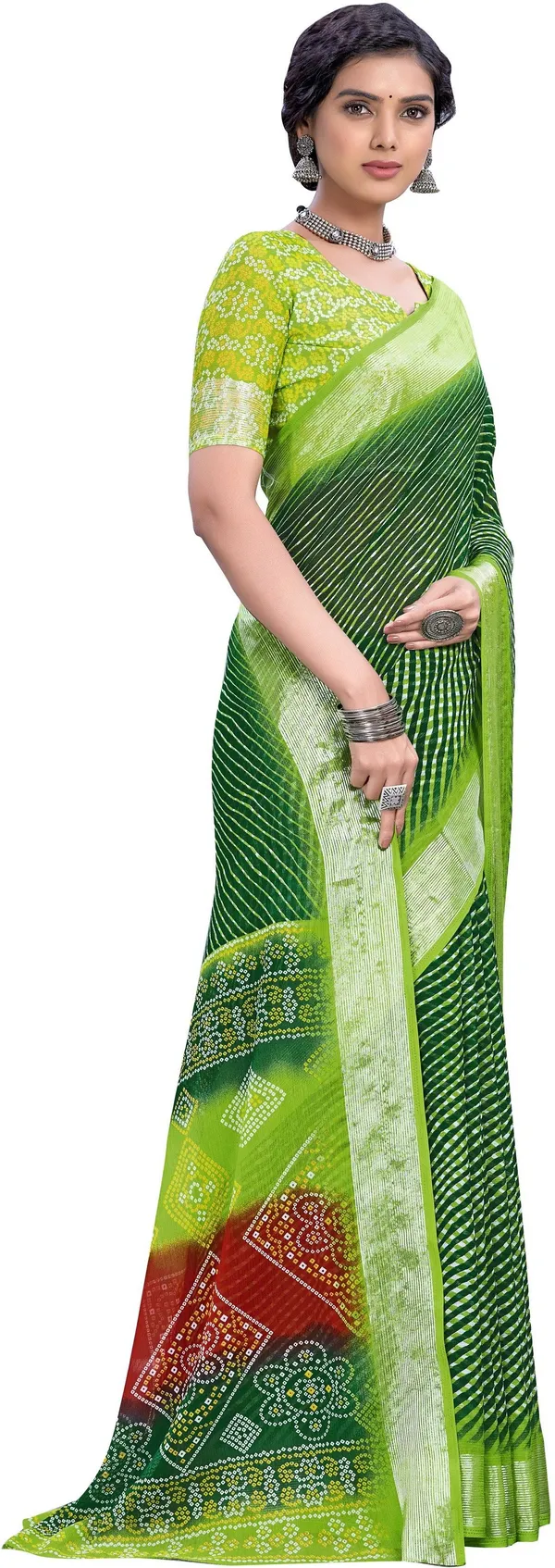 Green_Georgette_Printed_Leheriya_Saree_For_Women_|_With_Blouse_Piece