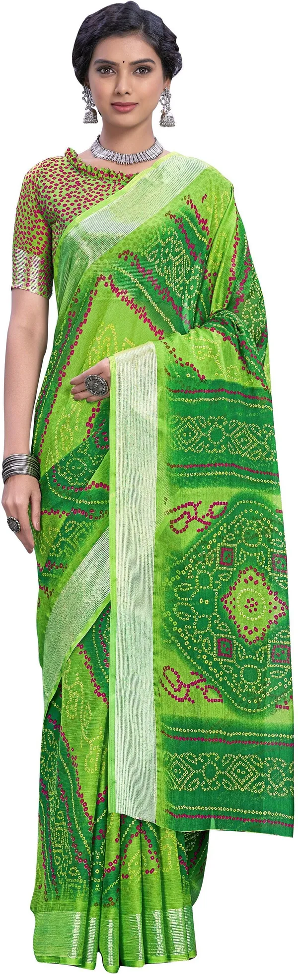 Green_Bandhani_Viscose_Rayon_Printed_Saree_For_Women_|_With_Blouse_Piece