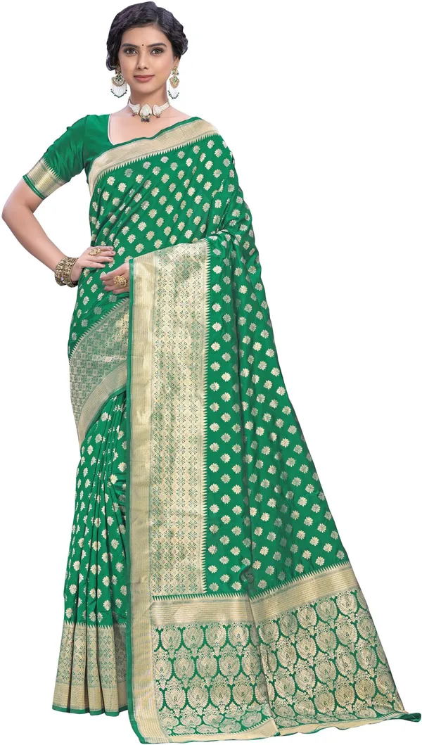 Green_Banarasi_Silk_Blend_Jacquard_Woven_Saree_For_Women_|_With_Blouse_Piece