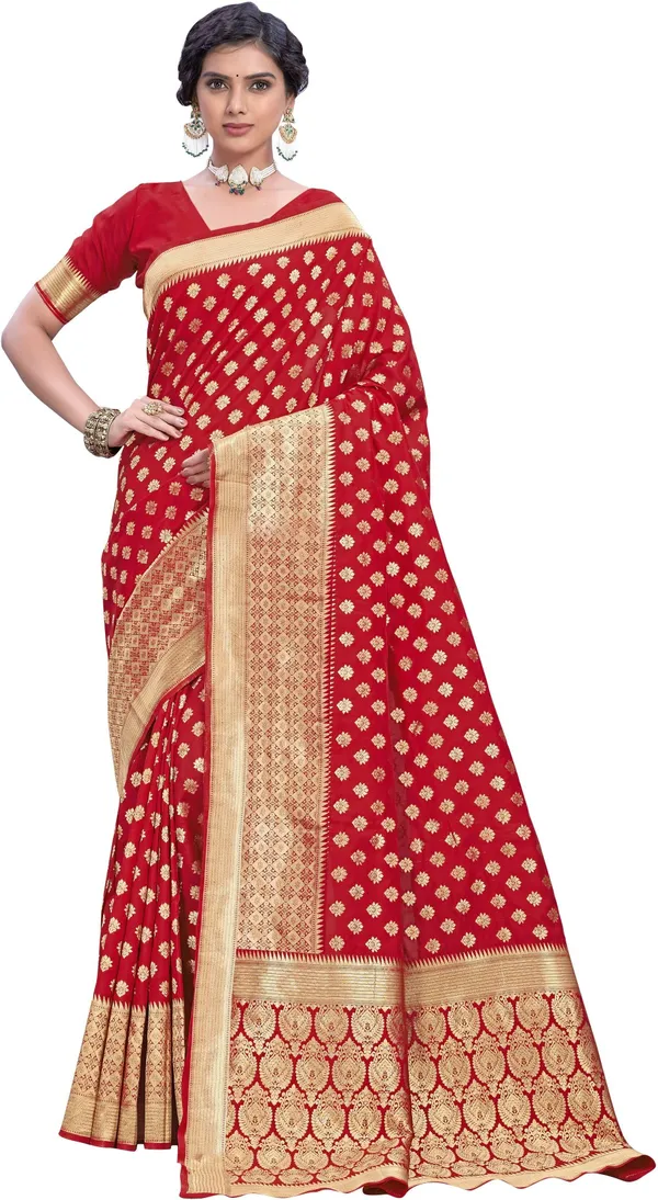 Red_Banarasi_Silk_Blend_Jacquard_Woven_Saree_For_Women_|_With_Blouse_Piece