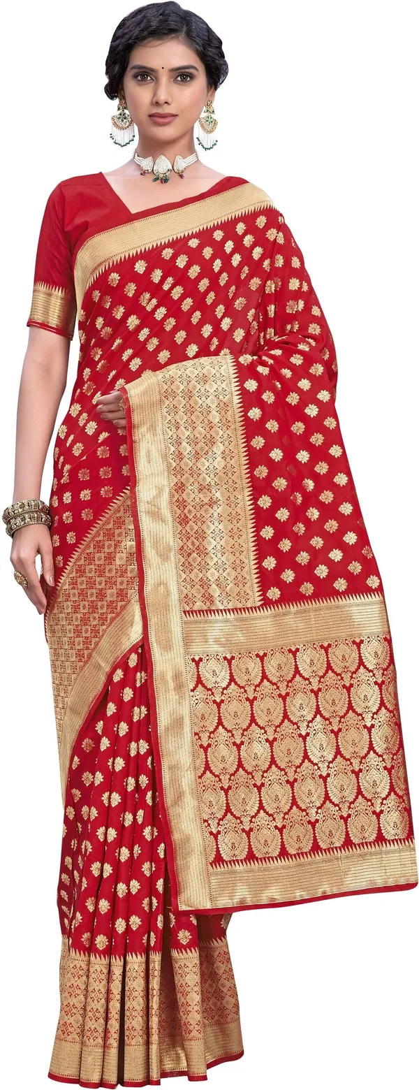 Red_Banarasi_Silk_Blend_Jacquard_Woven_Saree_For_Women_|_With_Blouse_Piece