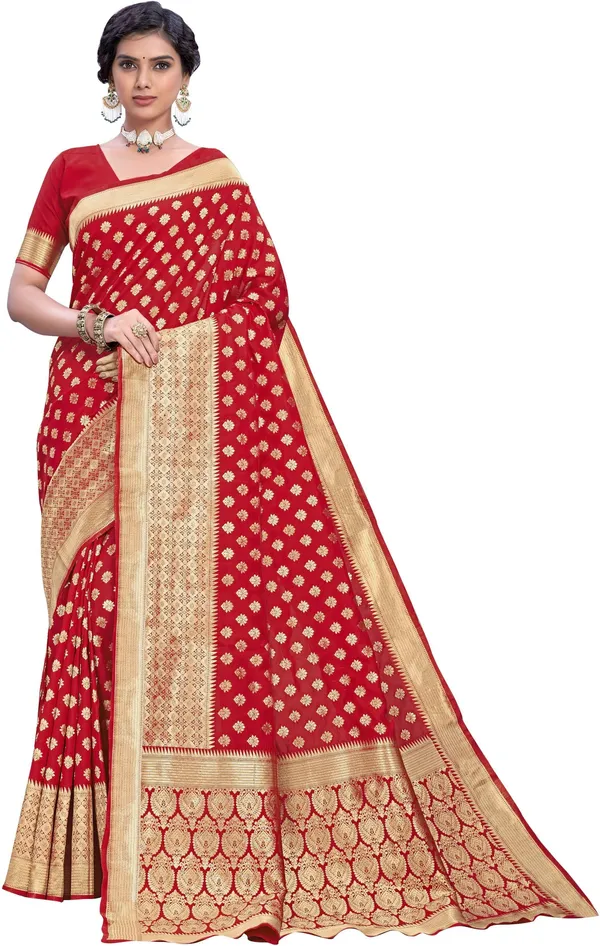 Red_Banarasi_Silk_Blend_Jacquard_Woven_Saree_For_Women_|_With_Blouse_Piece