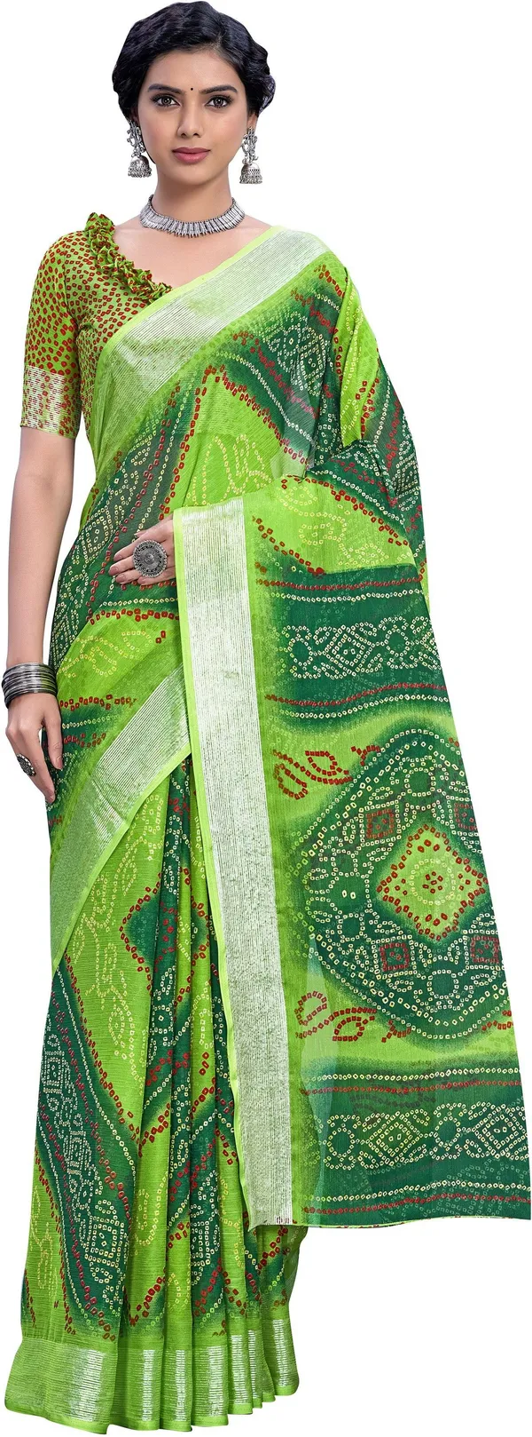 Green_Bandhani_Viscose_Rayon_Printed_Saree_For_Women_|_With_Blouse_Piece