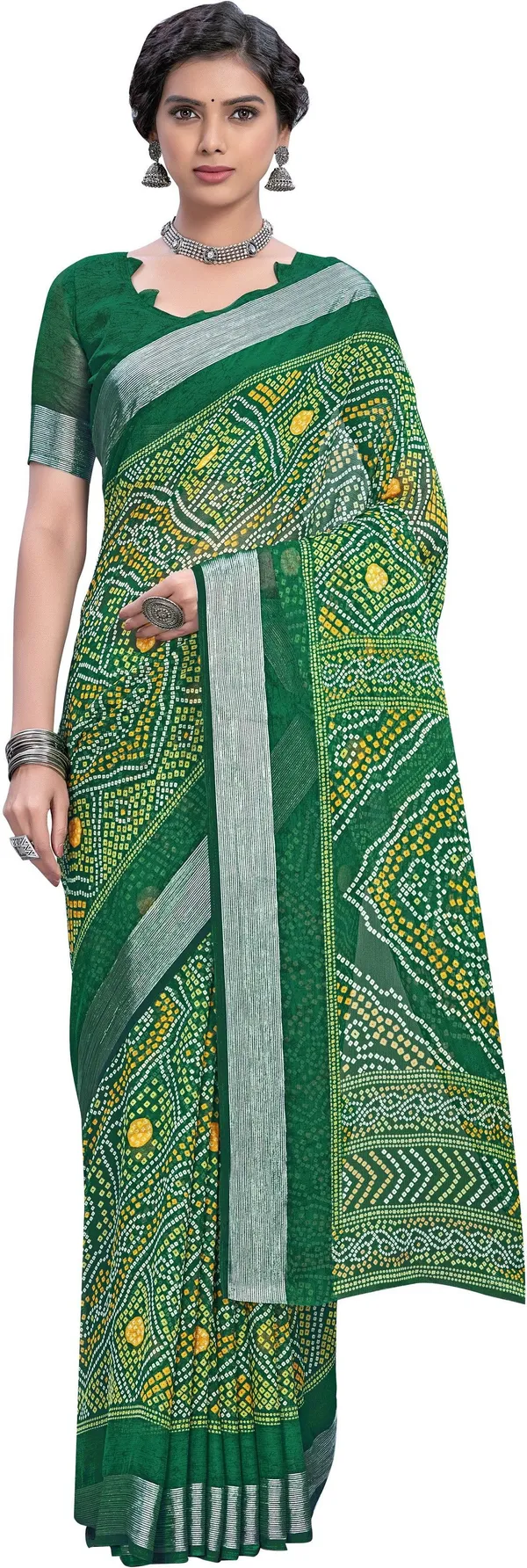 Dark_Green_Bandhani_Viscose_Rayon_Printed_Saree_For_Women_|_With_Blouse_Piece