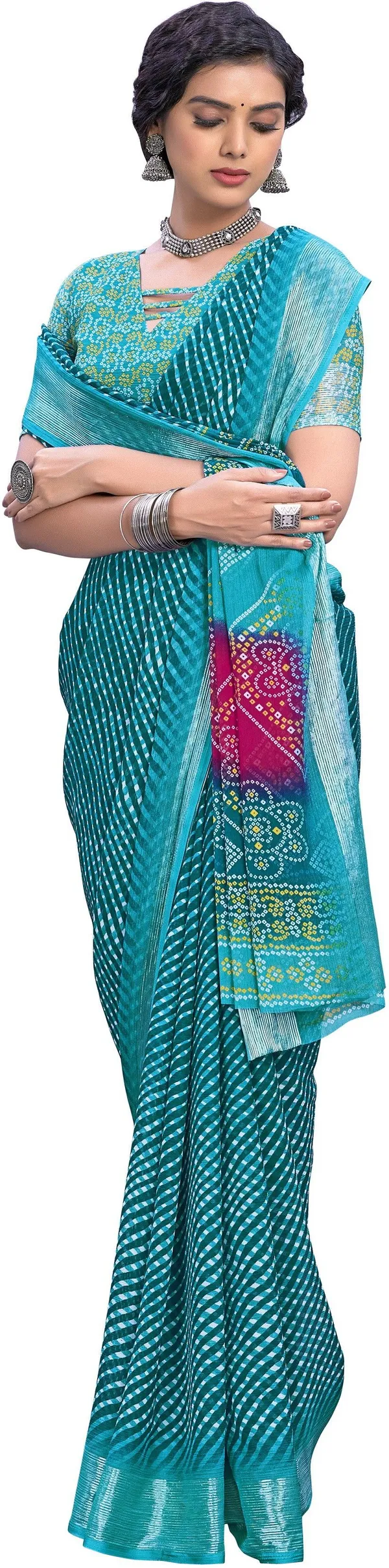 Blue_Georgette_Printed_Leheria_Saree_For_Women_|_With_Blouse_Piece