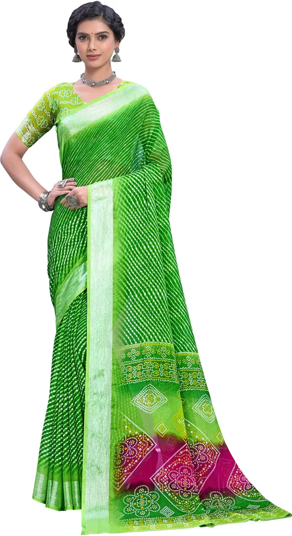 Green_Georgette_Printed_Leheriya_Zari_Border_Saree_For_Women_|_With_Blouse_Piece