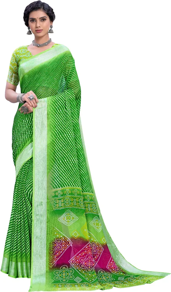 Green_Georgette_Printed_Leheriya_Zari_Border_Saree_For_Women_|_With_Blouse_Piece