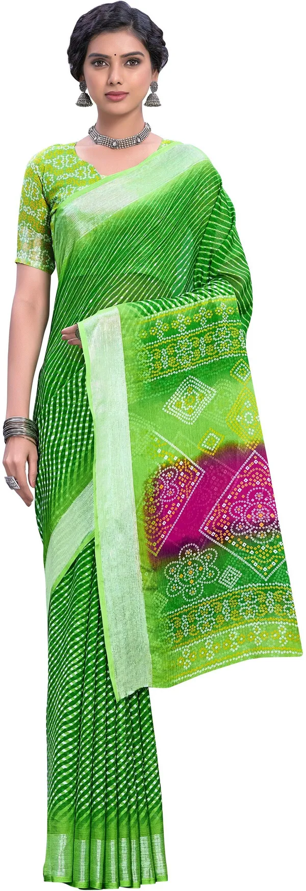 Green_Georgette_Printed_Leheriya_Zari_Border_Saree_For_Women_|_With_Blouse_Piece