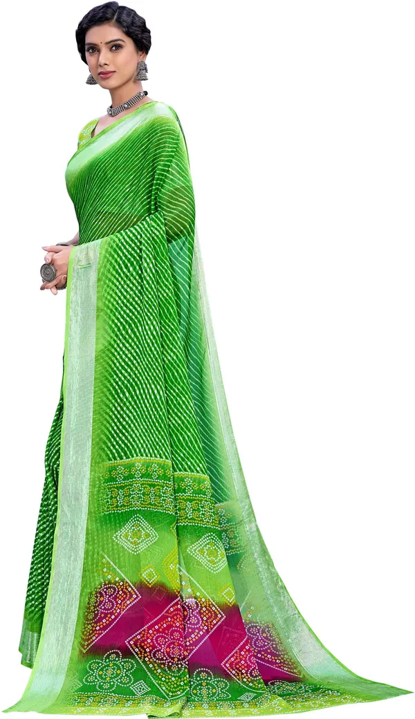 Green_Georgette_Printed_Leheriya_Zari_Border_Saree_For_Women_|_With_Blouse_Piece