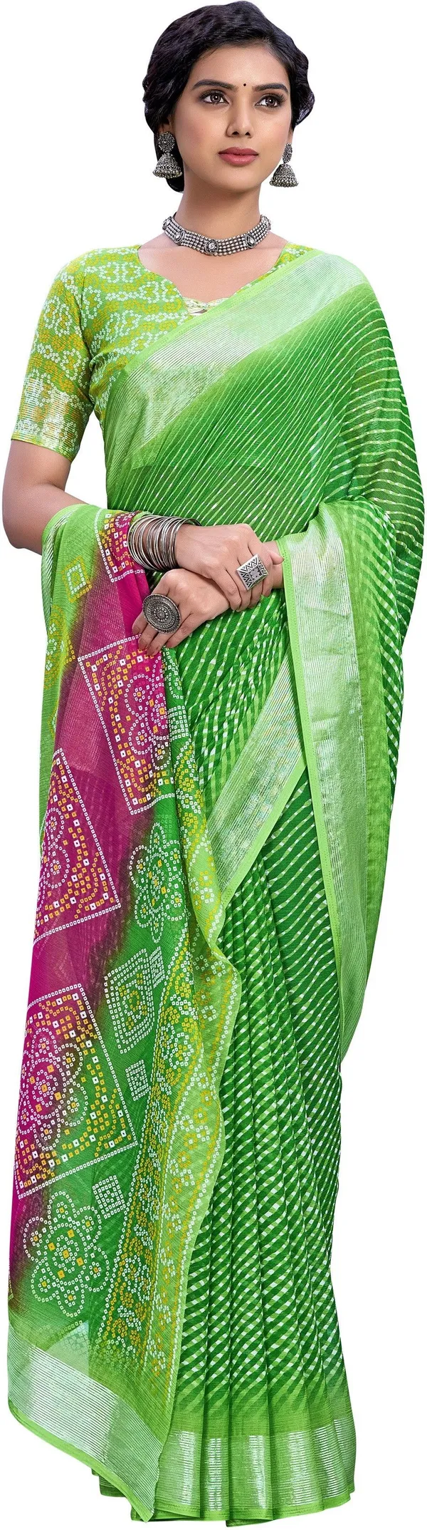 Green_Georgette_Printed_Leheriya_Zari_Border_Saree_For_Women_|_With_Blouse_Piece