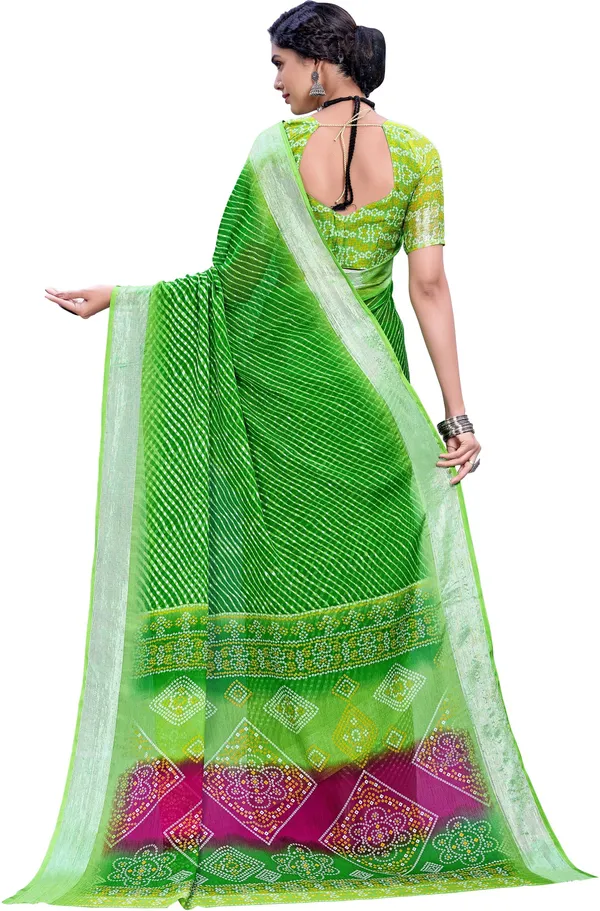 Green_Georgette_Printed_Leheriya_Zari_Border_Saree_For_Women_|_With_Blouse_Piece