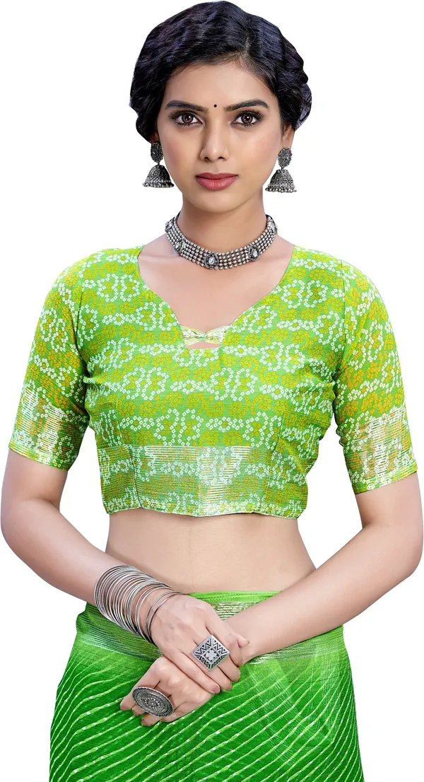 Green_Georgette_Printed_Leheriya_Zari_Border_Saree_For_Women_|_With_Blouse_Piece