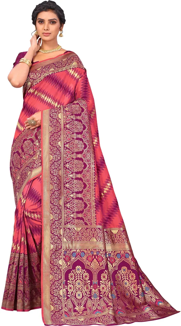 Pink_Banarasi_Silk_Blend_Jacquard_Zari_Floral_Saree_For_Women_|_With_Blouse_Piece