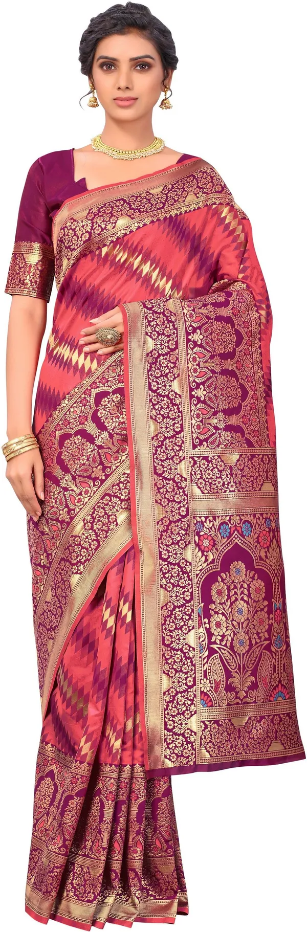 Pink_Banarasi_Silk_Blend_Jacquard_Zari_Floral_Saree_For_Women_|_With_Blouse_Piece