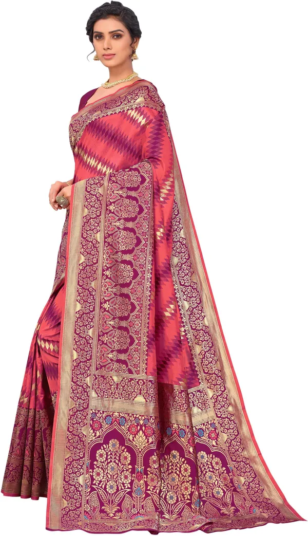 Pink_Banarasi_Silk_Blend_Jacquard_Zari_Floral_Saree_For_Women_|_With_Blouse_Piece