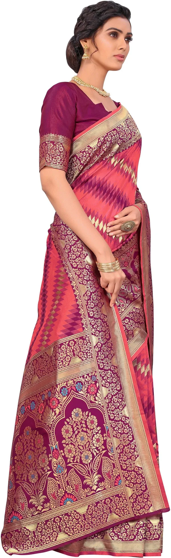 Pink_Banarasi_Silk_Blend_Jacquard_Zari_Floral_Saree_For_Women_|_With_Blouse_Piece