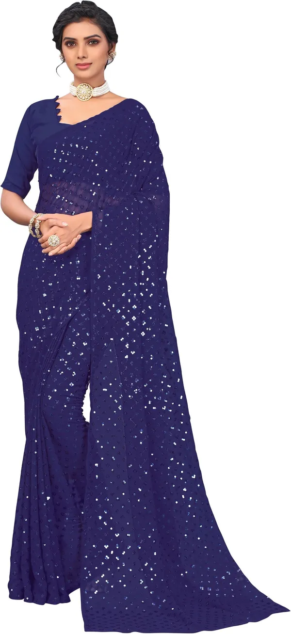 Blue_Georgette_Sequin_Embellished_Saree_For_Women_|_With_Blouse_Piece
