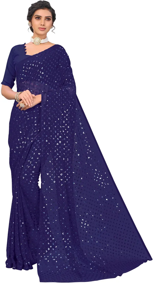 Blue_Georgette_Sequin_Embellished_Saree_For_Women_|_With_Blouse_Piece