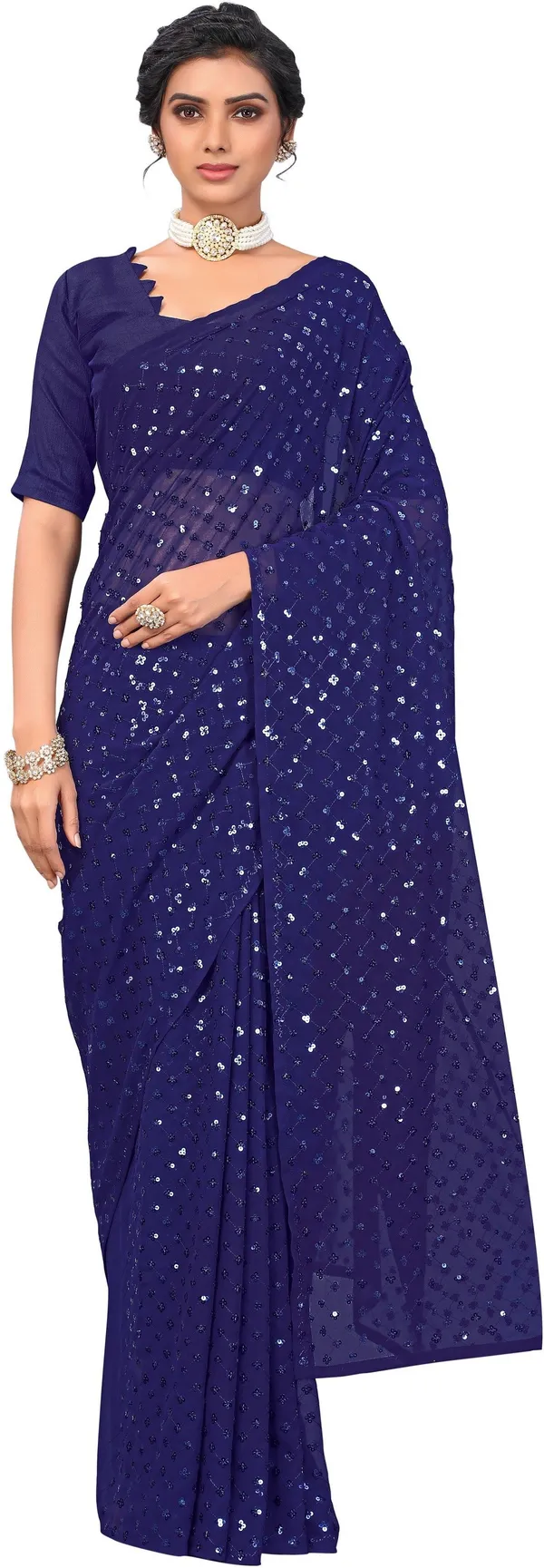 Blue_Georgette_Sequin_Embellished_Saree_For_Women_|_With_Blouse_Piece