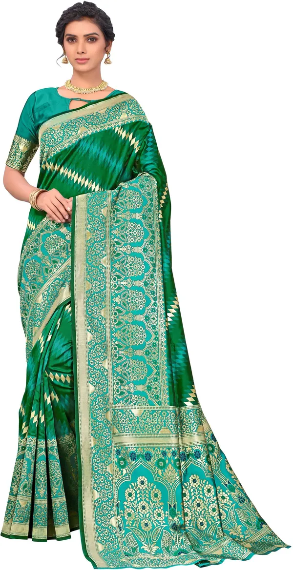 Green_Banarasi_Silk_Blend_Golden_Zari_Jacquard_Saree_For_Women_|_With_Blouse_Piece