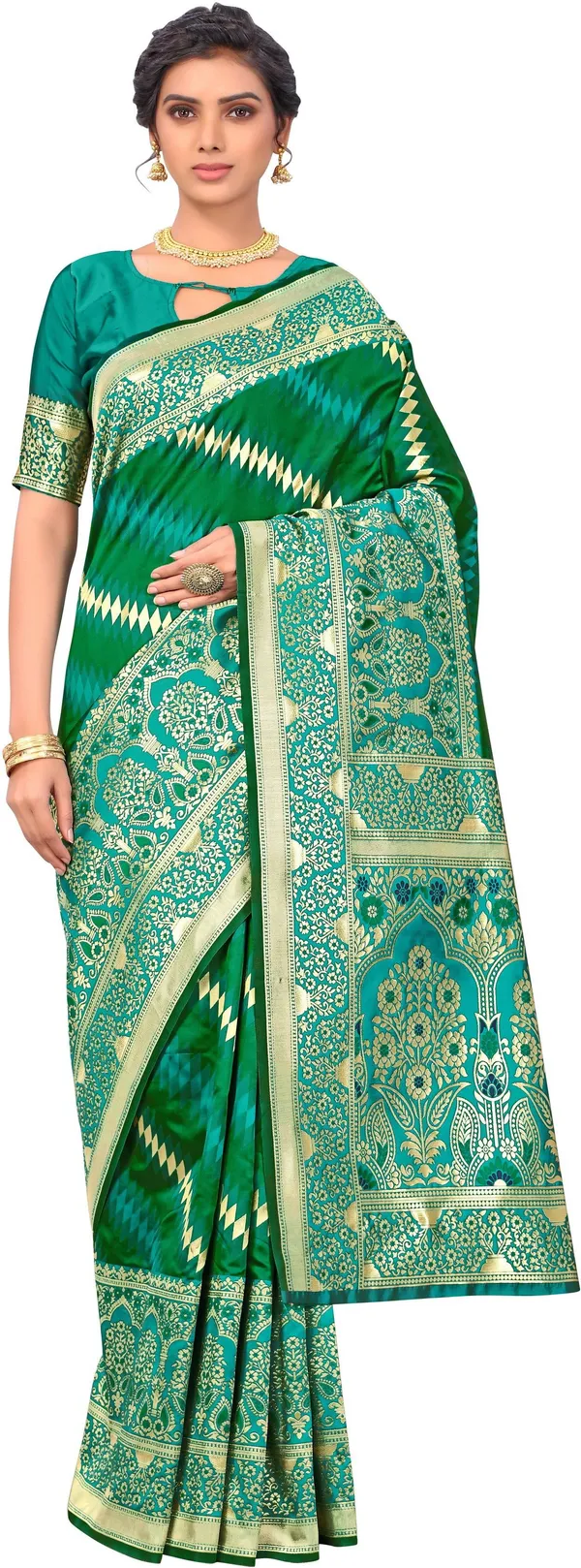 Green_Banarasi_Silk_Blend_Golden_Zari_Jacquard_Saree_For_Women_|_With_Blouse_Piece