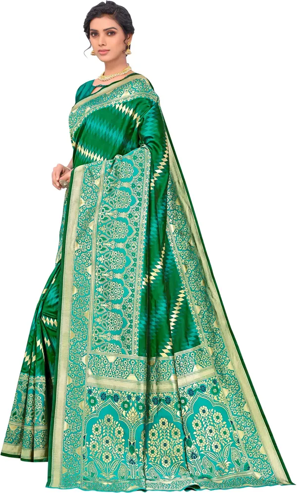 Green_Banarasi_Silk_Blend_Golden_Zari_Jacquard_Saree_For_Women_|_With_Blouse_Piece