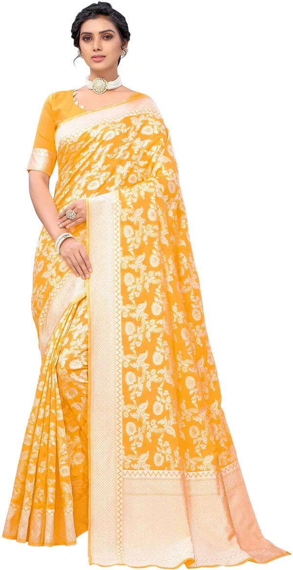 Yellow_Georgette_Woven_Chikankari_Jacquard_Saree_For_Women_|_With_Blouse_Piece