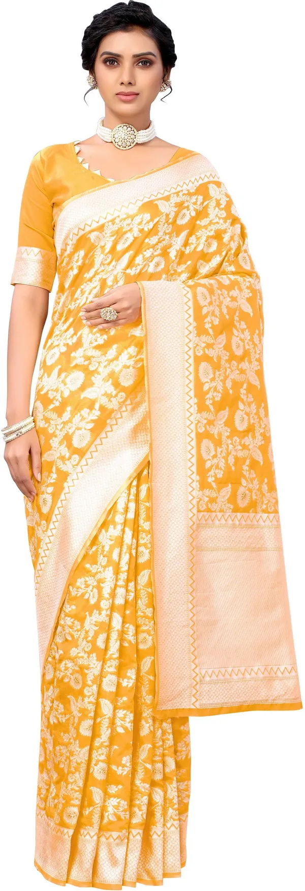Yellow_Georgette_Woven_Chikankari_Jacquard_Saree_For_Women_|_With_Blouse_Piece