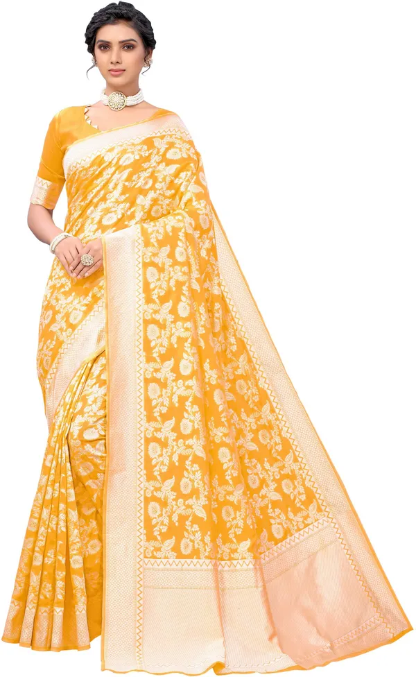 Yellow_Georgette_Woven_Chikankari_Jacquard_Saree_For_Women_|_With_Blouse_Piece