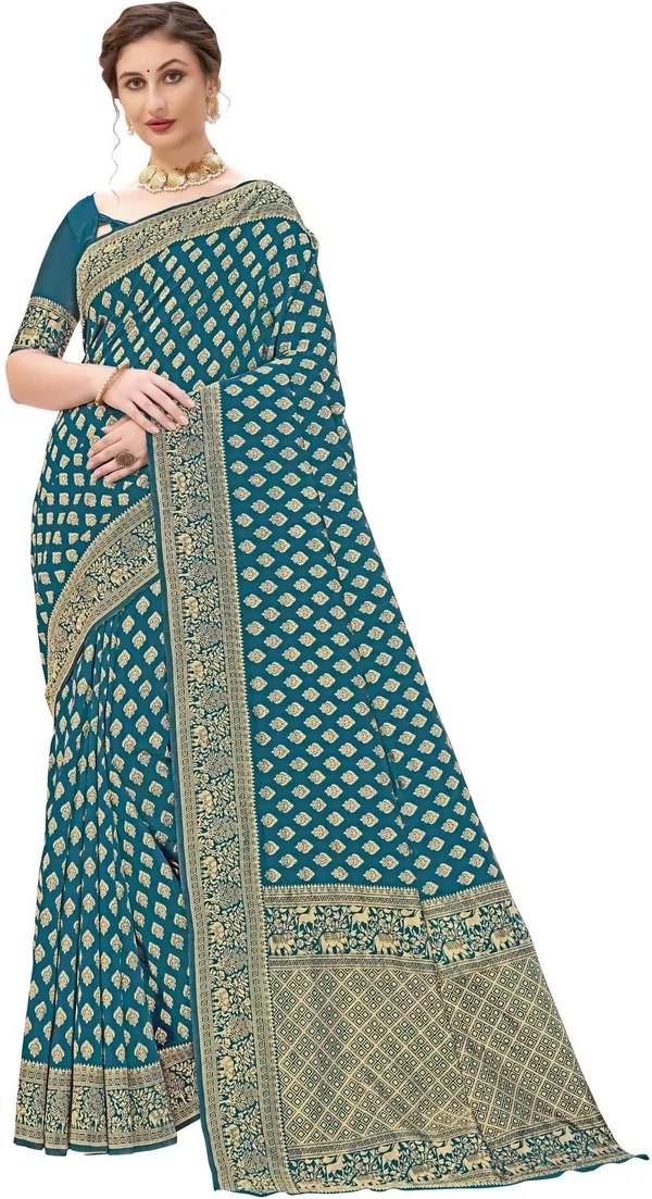 Light_Blue_Banarasi_Silk_Blend_Jacquard_Butti_Floral_Border_Woven_Saree_For_Women_|_With_Blouse_Piece
