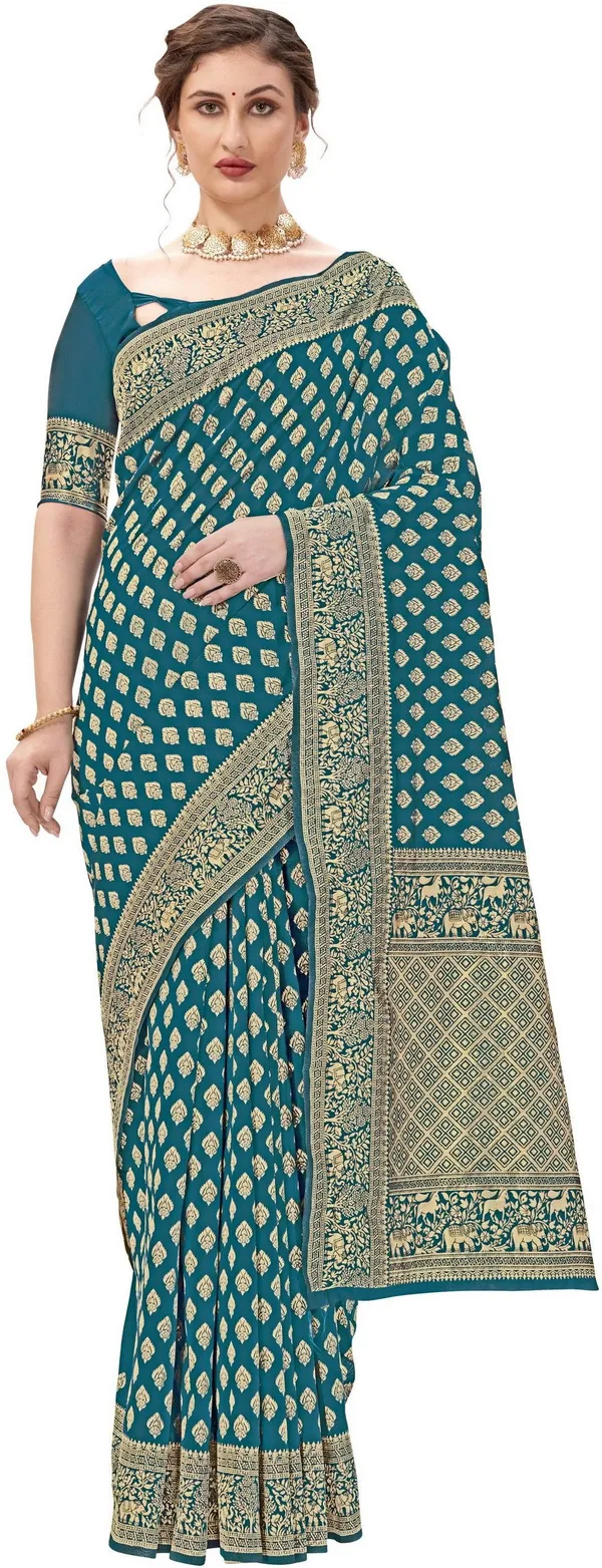Light_Blue_Banarasi_Silk_Blend_Jacquard_Butti_Floral_Border_Woven_Saree_For_Women_|_With_Blouse_Piece