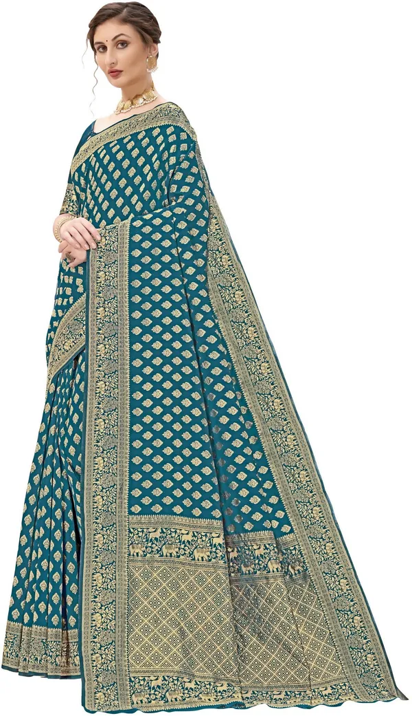 Light_Blue_Banarasi_Silk_Blend_Jacquard_Butti_Floral_Border_Woven_Saree_For_Women_|_With_Blouse_Piece