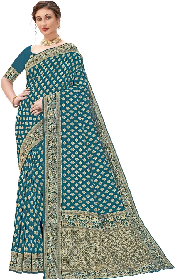 Light_Blue_Banarasi_Silk_Blend_Jacquard_Butti_Floral_Border_Woven_Saree_For_Women_|_With_Blouse_Piece