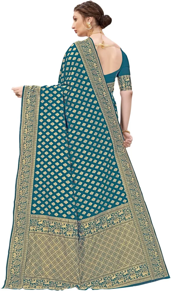 Light_Blue_Banarasi_Silk_Blend_Jacquard_Butti_Floral_Border_Woven_Saree_For_Women_|_With_Blouse_Piece