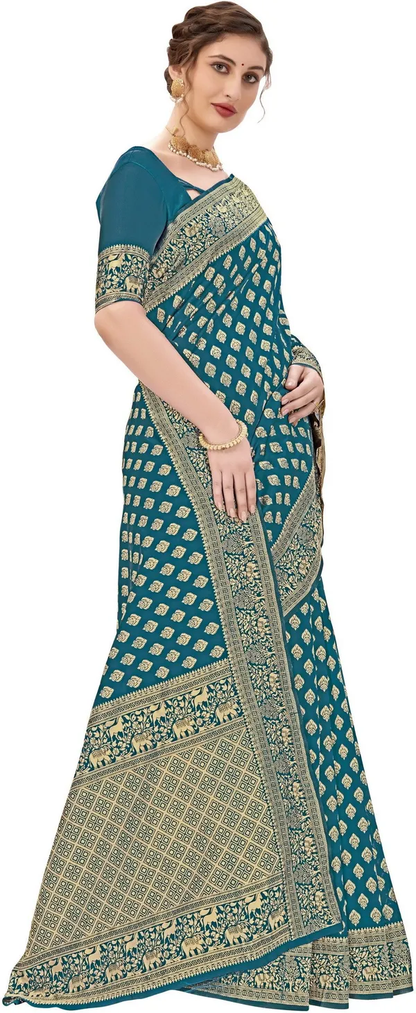 Light_Blue_Banarasi_Silk_Blend_Jacquard_Butti_Floral_Border_Woven_Saree_For_Women_|_With_Blouse_Piece