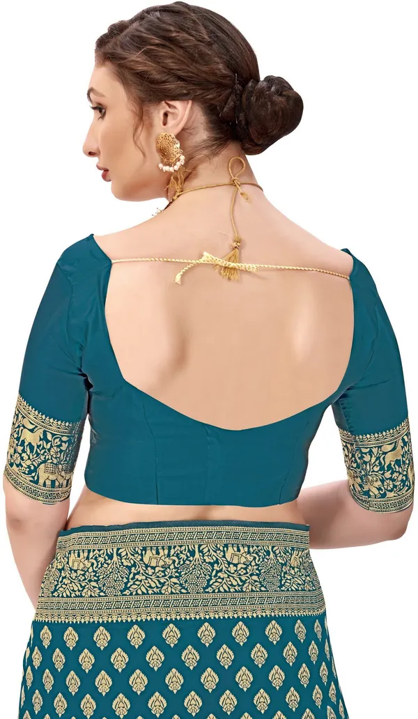 Light_Blue_Banarasi_Silk_Blend_Jacquard_Butti_Floral_Border_Woven_Saree_For_Women_|_With_Blouse_Piece