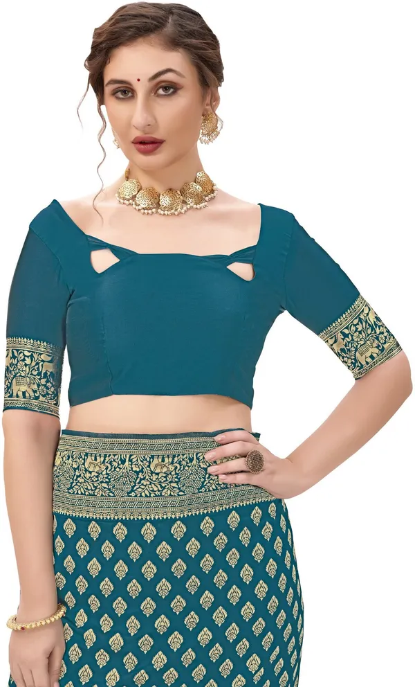 Light_Blue_Banarasi_Silk_Blend_Jacquard_Butti_Floral_Border_Woven_Saree_For_Women_|_With_Blouse_Piece