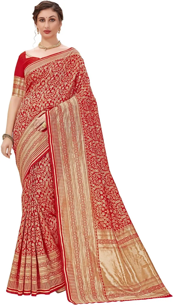 Red_Banarasi_Silk_Blend_Jacquard_Floral_Woven_Saree_For_Women_|_With_Blouse_Piece