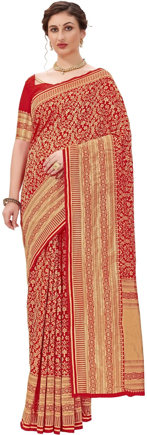 Red_Banarasi_Silk_Blend_Jacquard_Floral_Woven_Saree_For_Women_|_With_Blouse_Piece