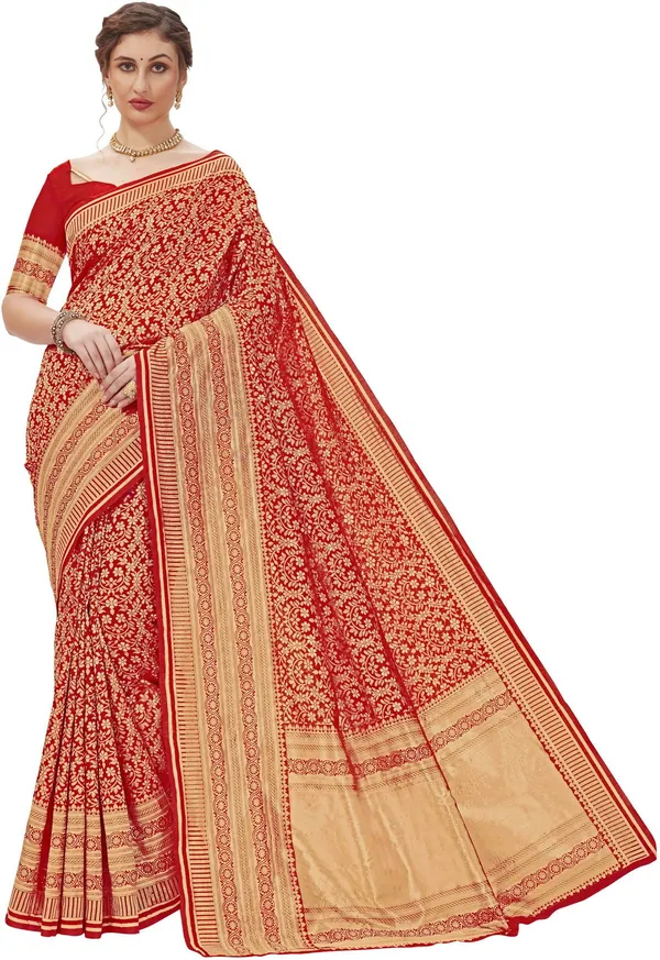 Red_Banarasi_Silk_Blend_Jacquard_Floral_Woven_Saree_For_Women_|_With_Blouse_Piece