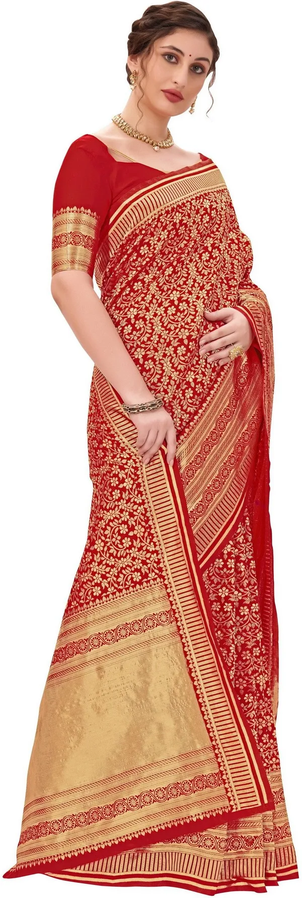 Red_Banarasi_Silk_Blend_Jacquard_Floral_Woven_Saree_For_Women_|_With_Blouse_Piece