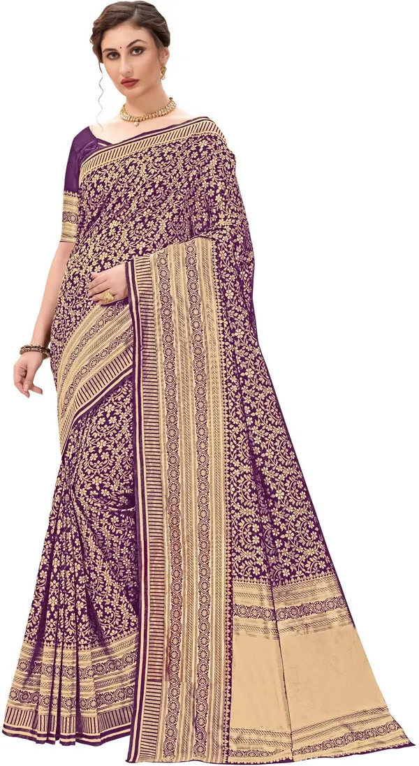 Purple_Banarasi_Silk_Blend_Jacquard_Floral_Jaal_Woven_Saree_For_Women_|_With_Blouse_Piece