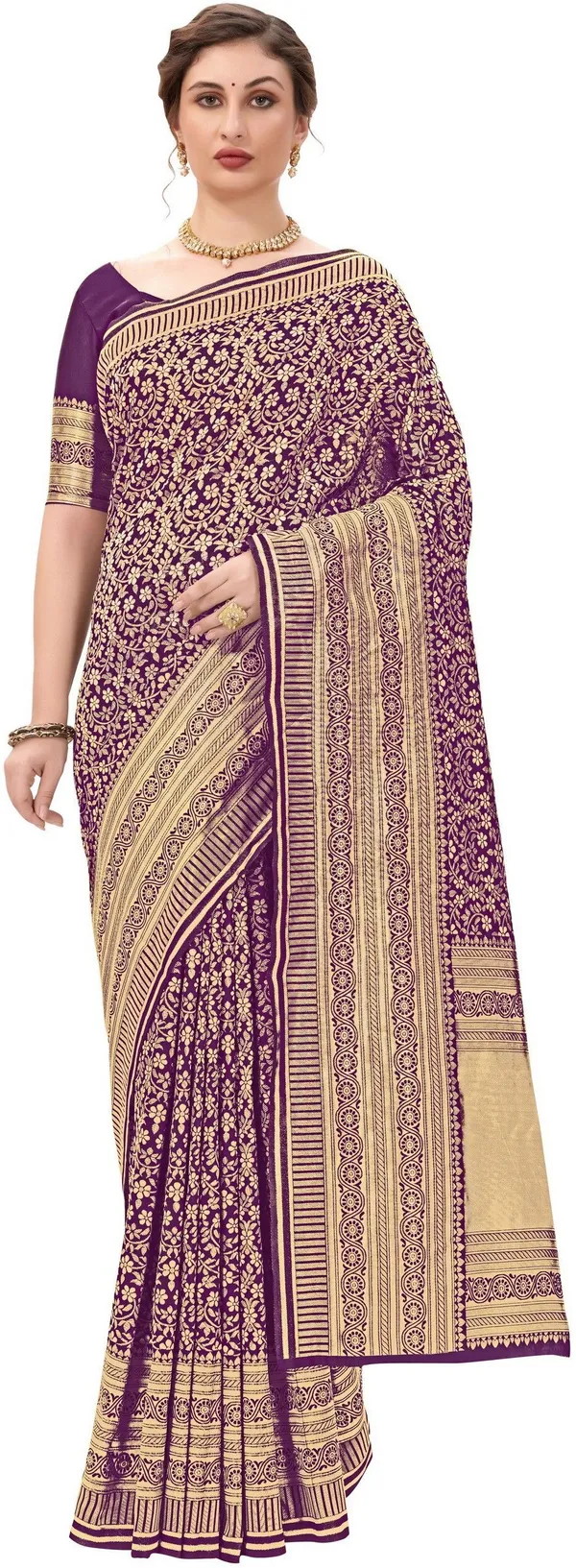 Purple_Banarasi_Silk_Blend_Jacquard_Floral_Jaal_Woven_Saree_For_Women_|_With_Blouse_Piece