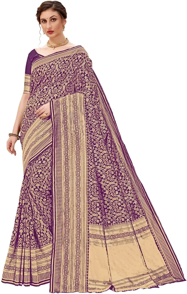 Purple_Banarasi_Silk_Blend_Jacquard_Floral_Jaal_Woven_Saree_For_Women_|_With_Blouse_Piece