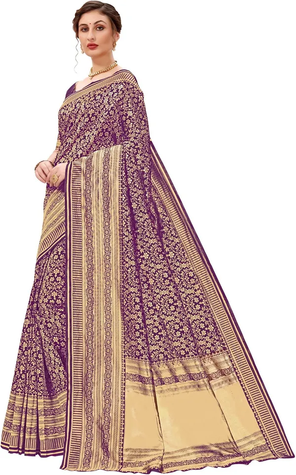 Purple_Banarasi_Silk_Blend_Jacquard_Floral_Jaal_Woven_Saree_For_Women_|_With_Blouse_Piece