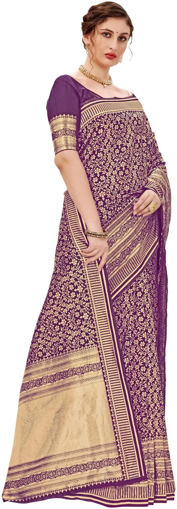 Purple_Banarasi_Silk_Blend_Jacquard_Floral_Jaal_Woven_Saree_For_Women_|_With_Blouse_Piece