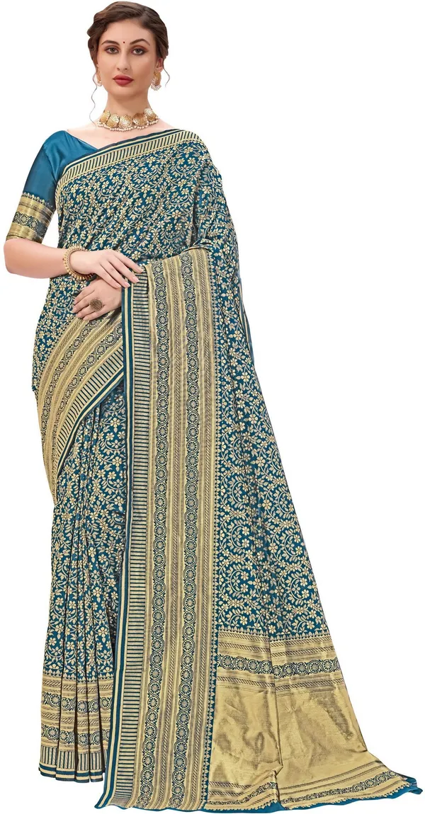 Light_Blue_Banarasi_Silk_Blend_Jacquard_Floral_Jaal_Woven_Saree_For_Women_|_With_Blouse_Piece